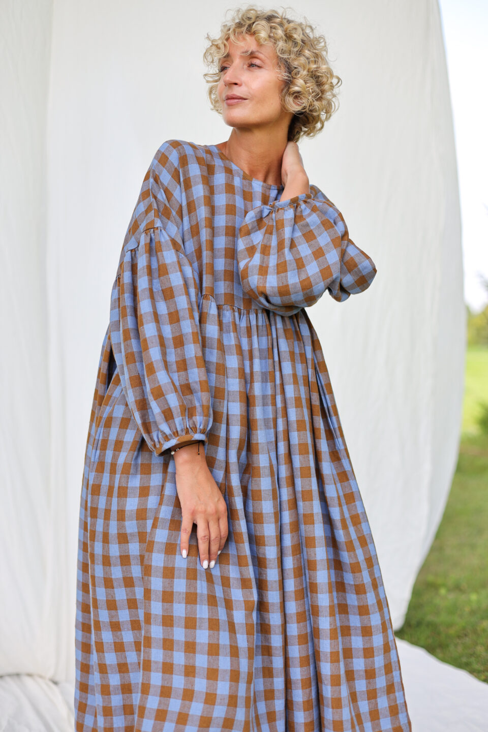 Oversized Linen Dress GRETA in Bluebonnet Checks | Dress | Sustainable clothing | OffOn clothing