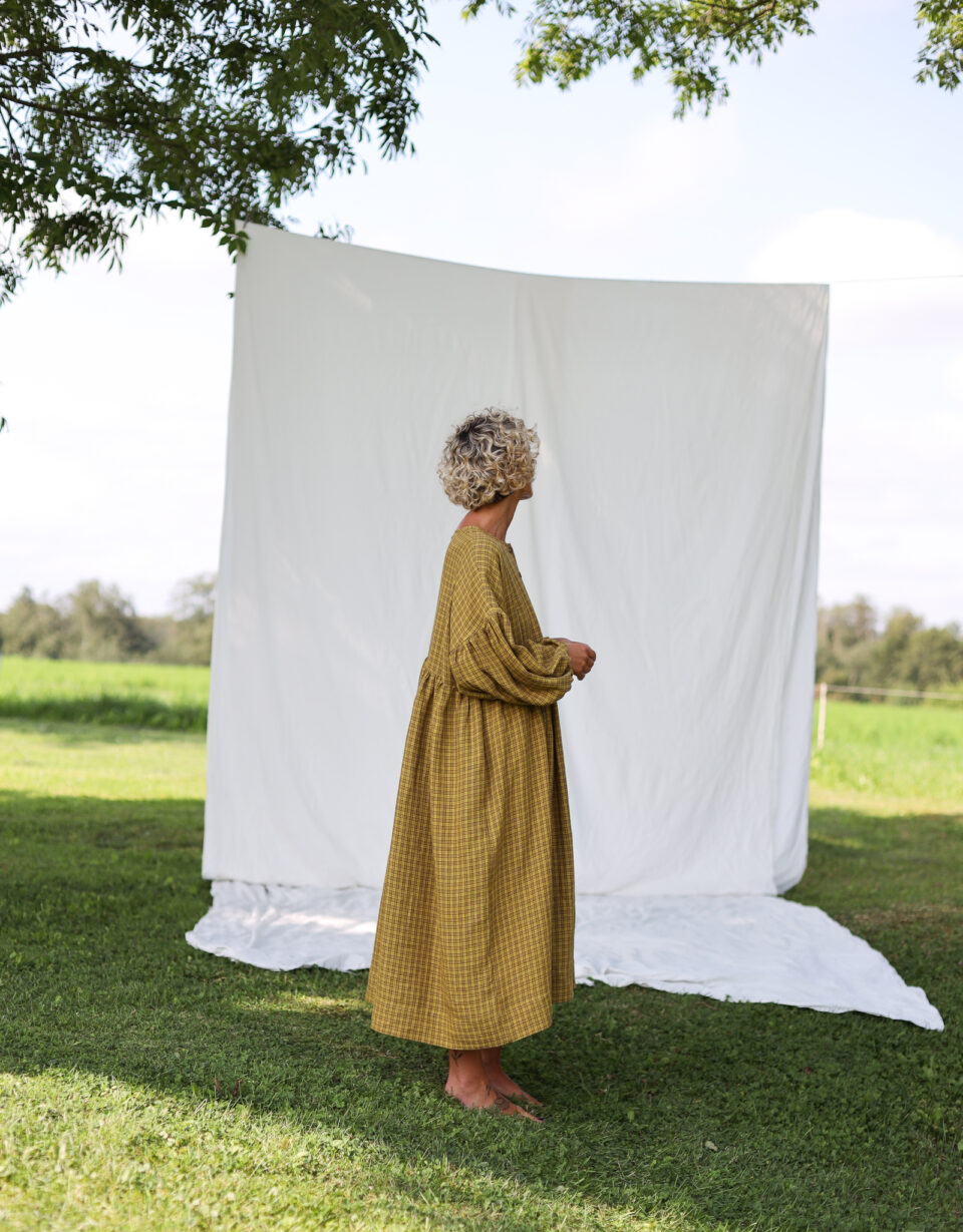 Oversized drop shoulder linen dress GRETA in mustard yellow checks - Image 1
