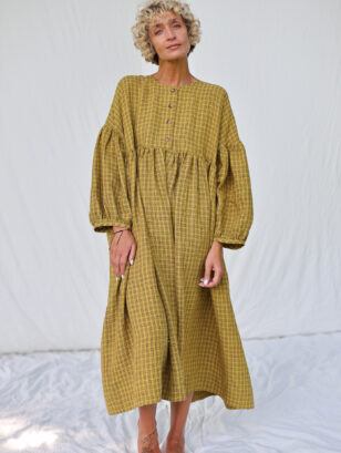 Oversized drop shoulder linen dress GRETA in mustard yellow checks | Dress | Sustainable clothing | OffOn clothing