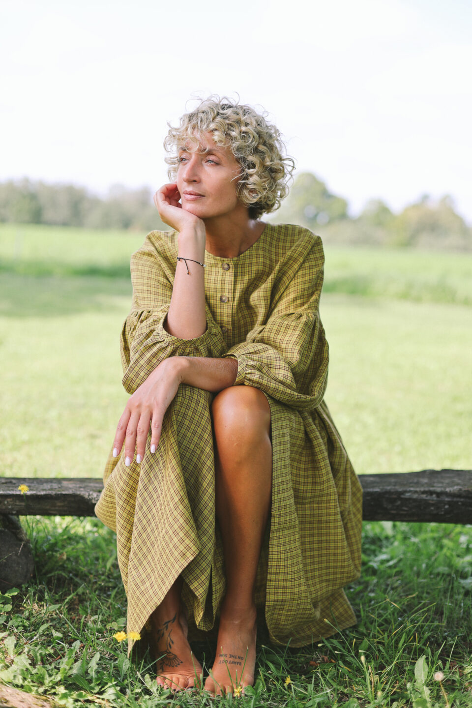 Oversized drop shoulder linen dress GRETA in mustard yellow checks - Image 7
