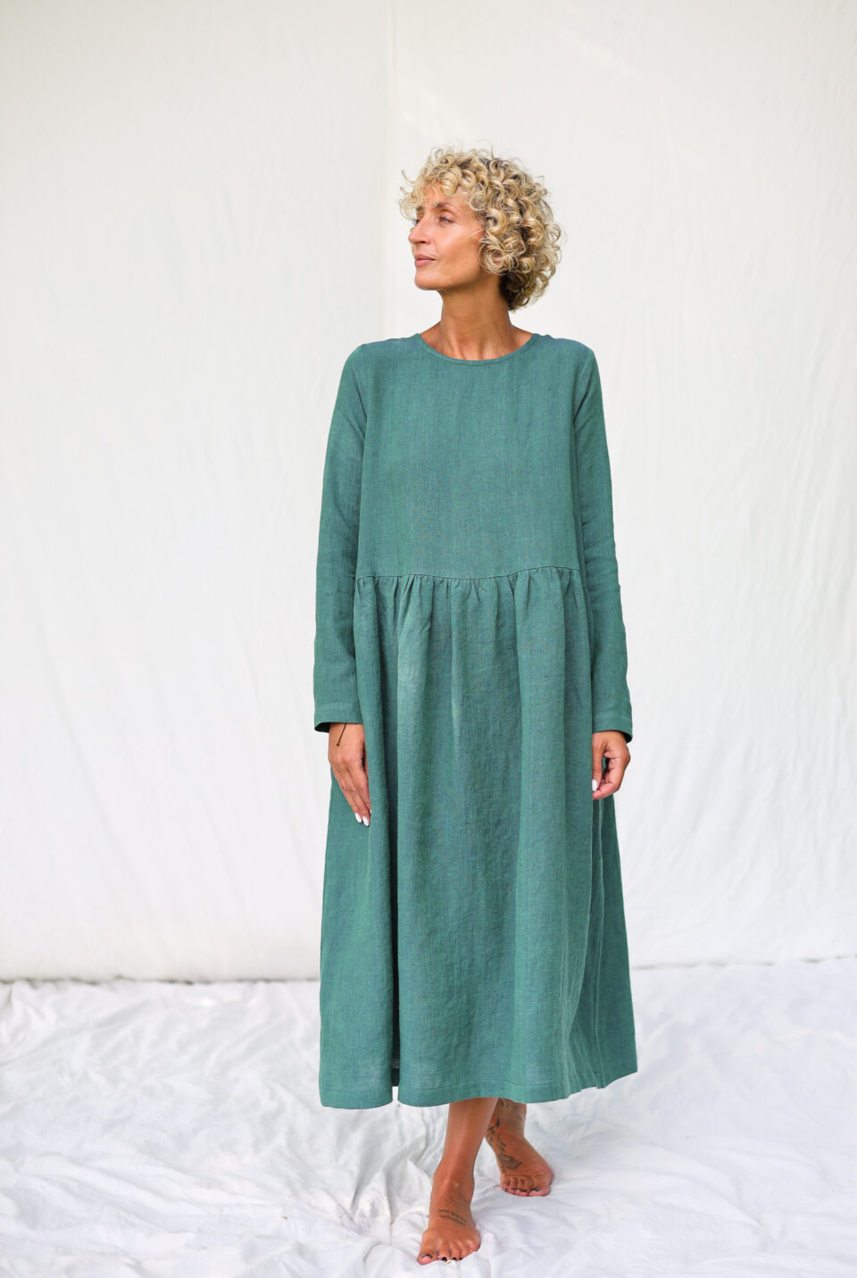 Long Sleeve Loose Linen Smock Dress MILANA in Greenish Blue Linen - Image 1