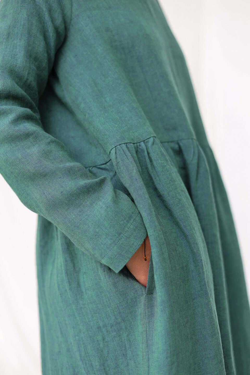 Long Sleeve Loose Linen Smock Dress MILANA in Greenish Blue Linen - Image 2