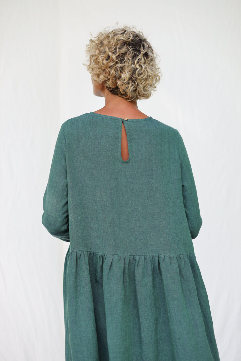 Long Sleeve Loose Linen Smock Dress MILANA in Greenish Blue Linen - Image 3