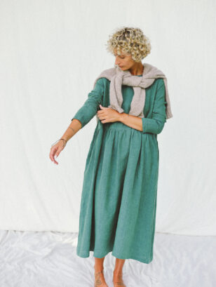 Long Sleeve Loose Linen Smock Dress MILANA in Greenish Blue Linen | Dress | Sustainable clothing | OffOn clothing