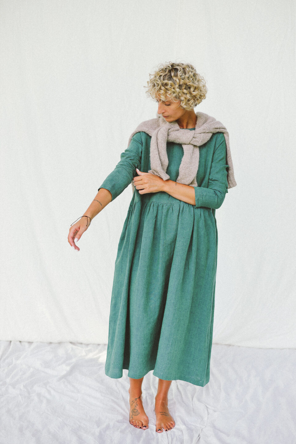 Long Sleeve Loose Linen Smock Dress MILANA in Greenish Blue Linen | Dress | Sustainable clothing | OffOn clothing