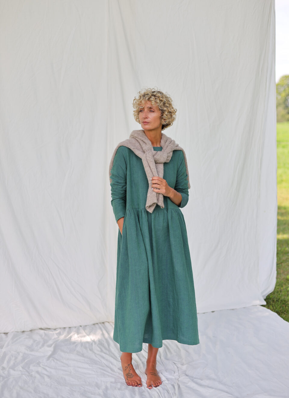 Long Sleeve Loose Linen Smock Dress MILANA in Greenish Blue Linen - Image 5