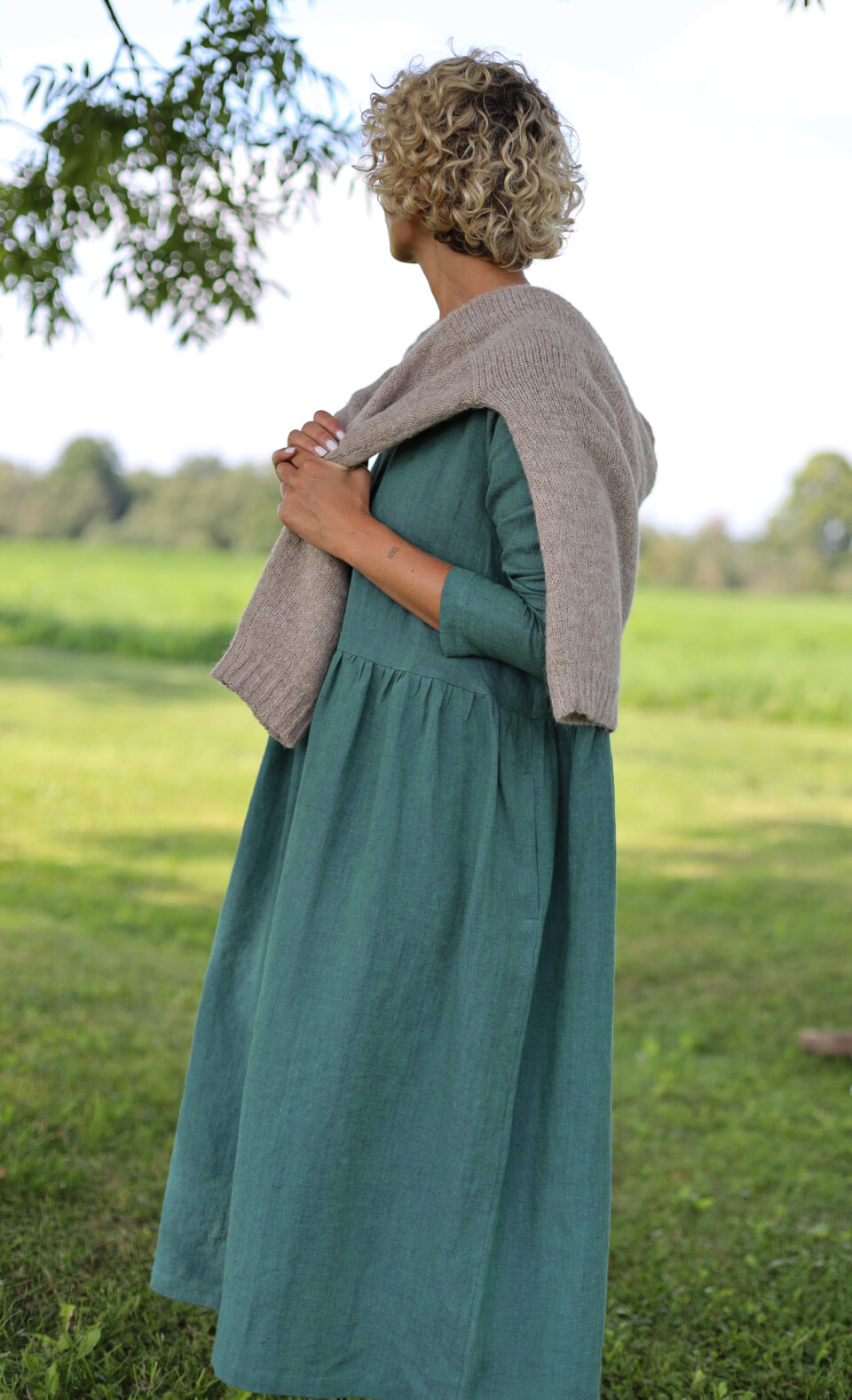 Long Sleeve Loose Linen Smock Dress MILANA in Greenish Blue Linen - Image 6