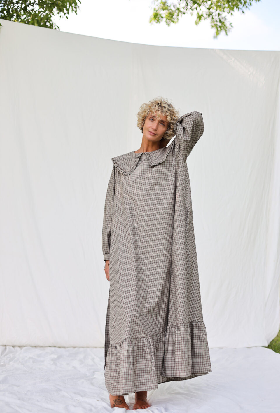 Puritan collar long sleeve maxi dress AUBREY in brushed plaid cotton