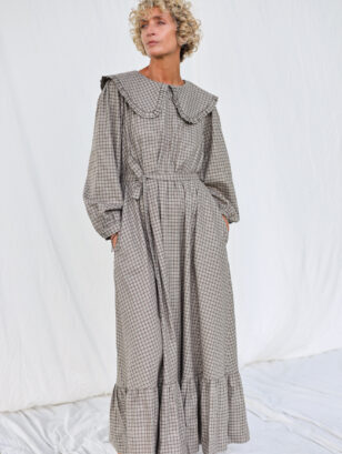 Puritan collar long sleeve maxi dress AUBREY in brushed plaid cotton | Dress | Sustainable clothing | OffOn clothing