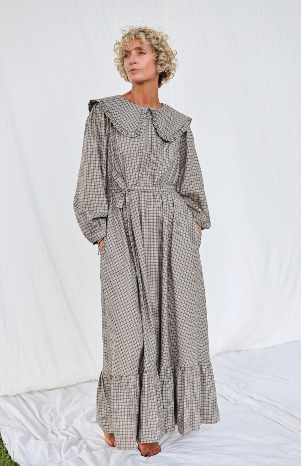 Puritan collar long sleeve maxi dress AUBREY in brushed plaid cotton | Dress | Sustainable clothing | OffOn clothing