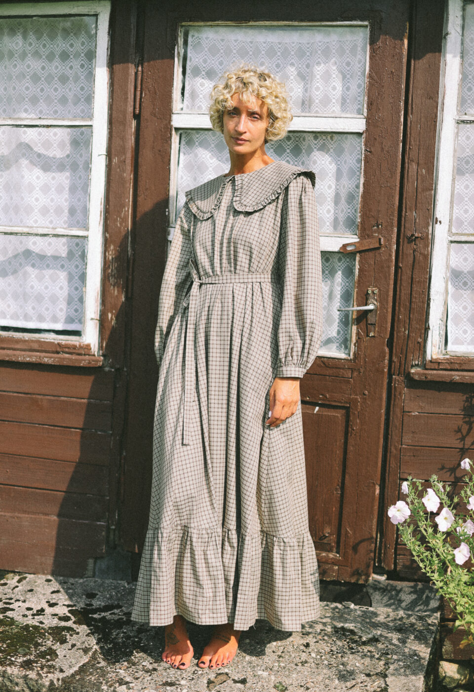 Puritan collar long sleeve maxi dress AUBREY in brushed plaid cotton - Image 6