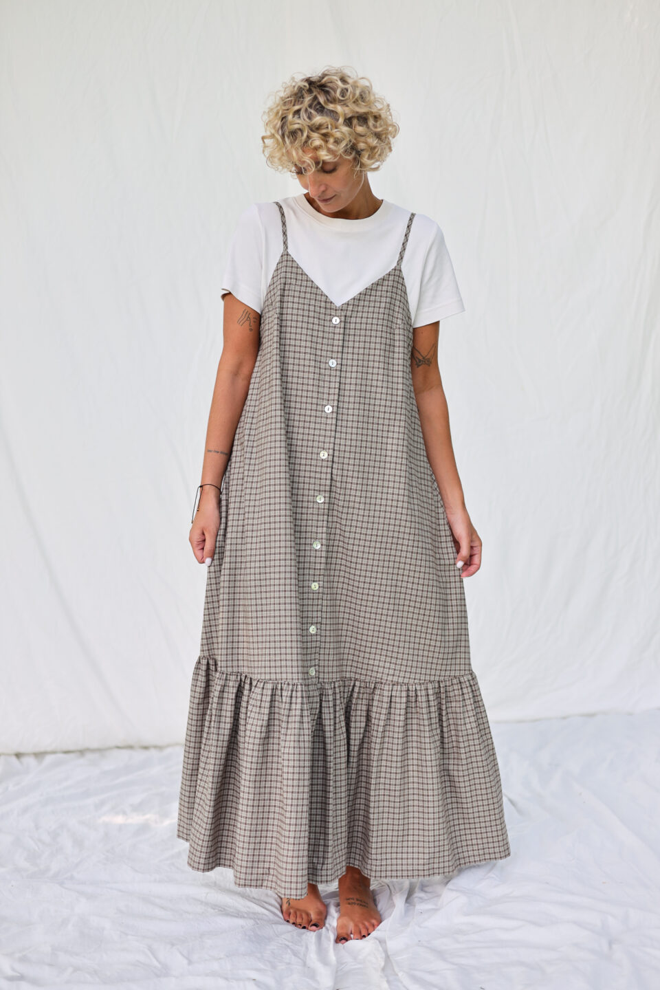 Plaid Cotton Dress with Adjustable Straps And Ruffled Hem - Image 1
