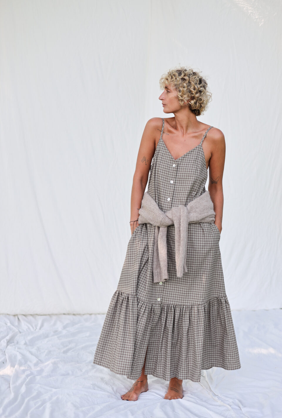 Plaid Cotton Dress with Adjustable Straps And Ruffled Hem - Image 4
