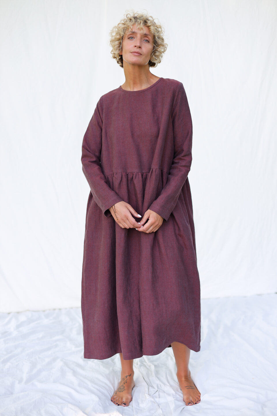 Heavy Burgundy Linen Smock Dress MILANA - Image 1
