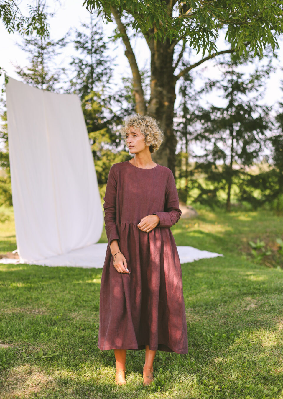 Heavy Burgundy Linen Smock Dress MILANA | Dress | Sustainable clothing | OffOn clothing