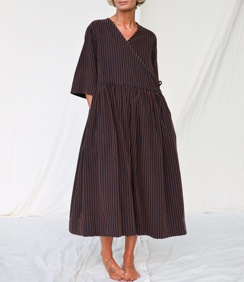 Loose Wrap Dress In Velvety Navy Blue Stripes - Image 1