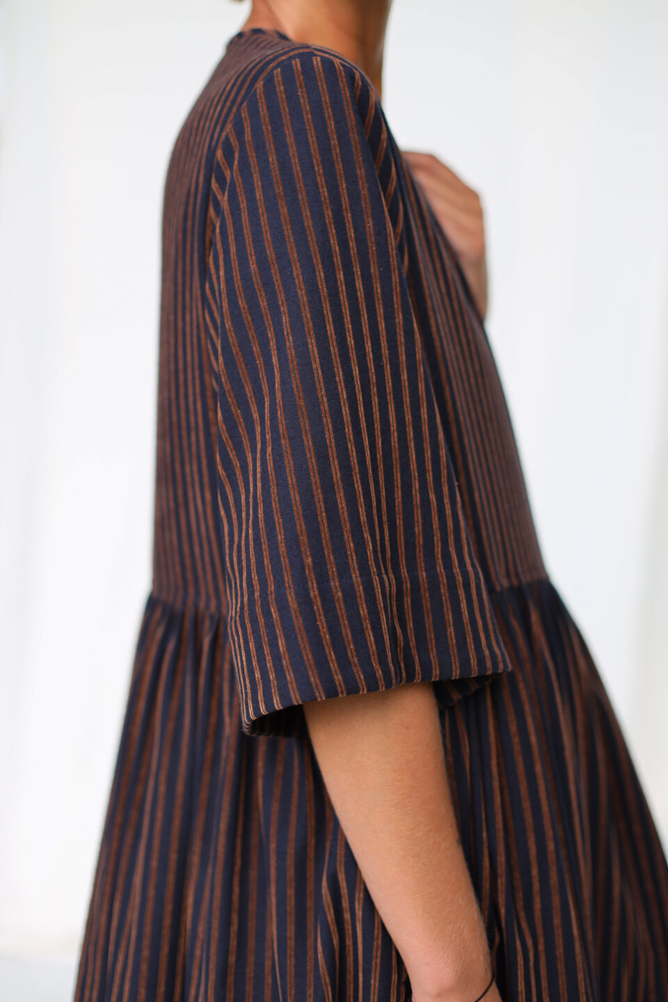 Loose Wrap Dress In Velvety Navy Blue Stripes - Image 2