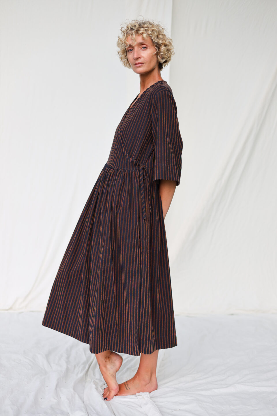 Loose Wrap Dress In Velvety Navy Blue Stripes - Image 3