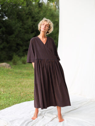 Loose Wrap Dress In Velvety Navy Blue Stripes | Dress | Sustainable clothing | OffOn clothing