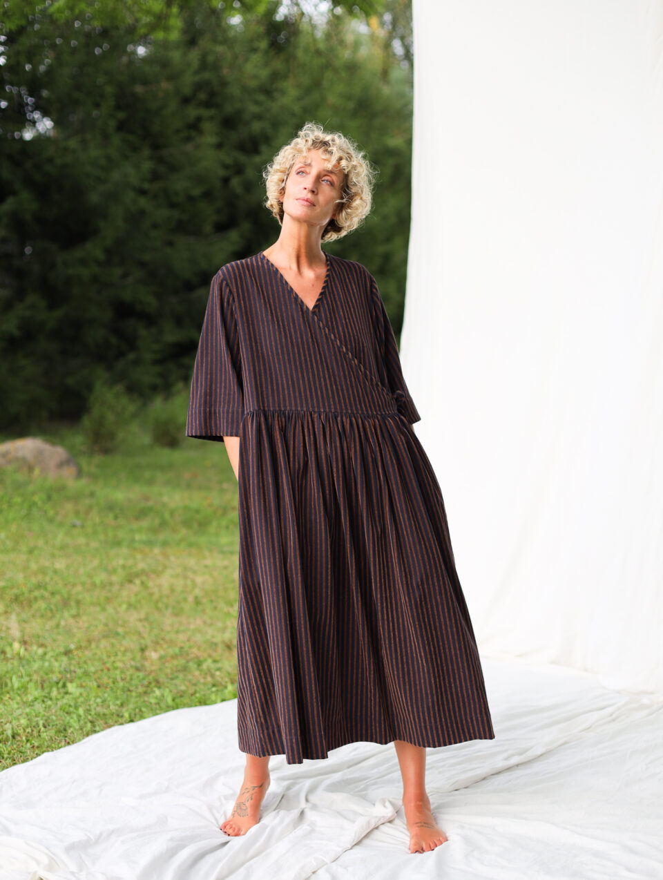 Loose Wrap Dress In Velvety Navy Blue Stripes | Dress | Sustainable clothing | OffOn clothing