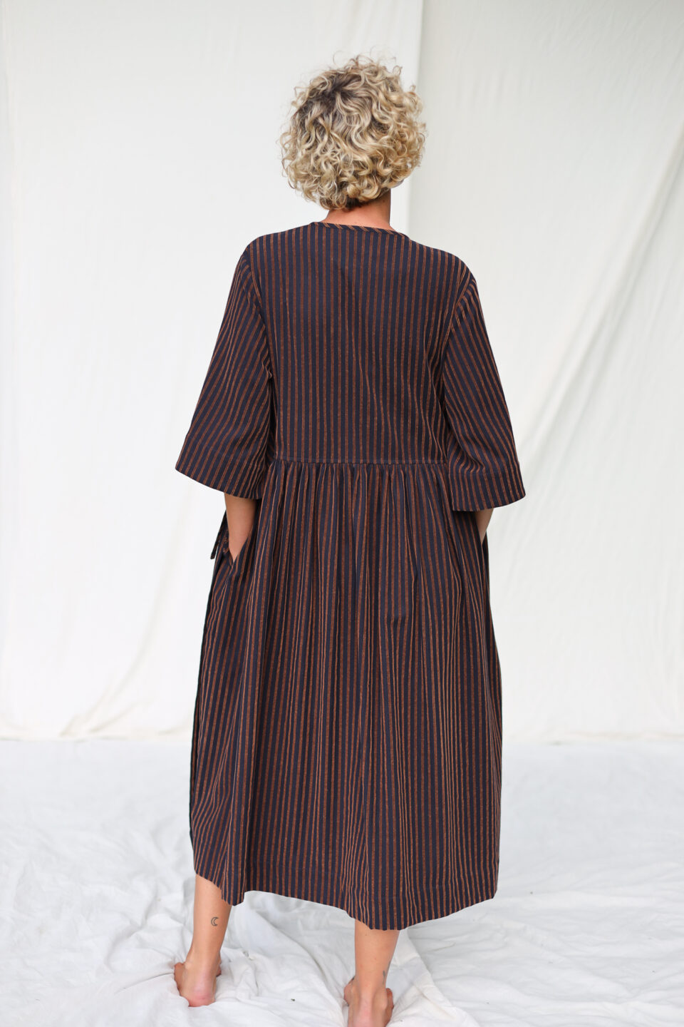 Loose Wrap Dress In Velvety Navy Blue Stripes - Image 4
