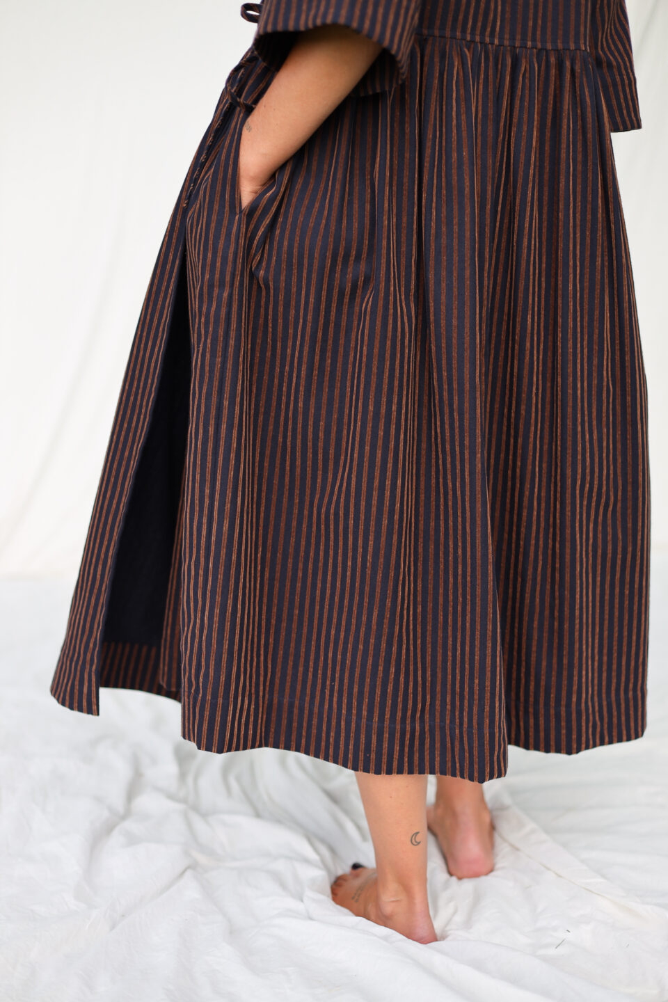 Loose Wrap Dress In Velvety Navy Blue Stripes - Image 5