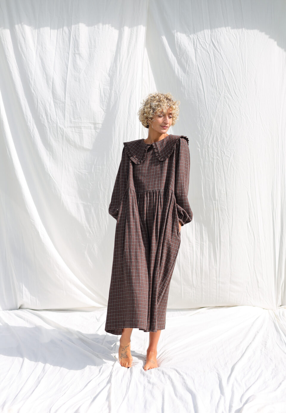 Double Gauze Puritan Collar Long Sleeves Dress - Image 1