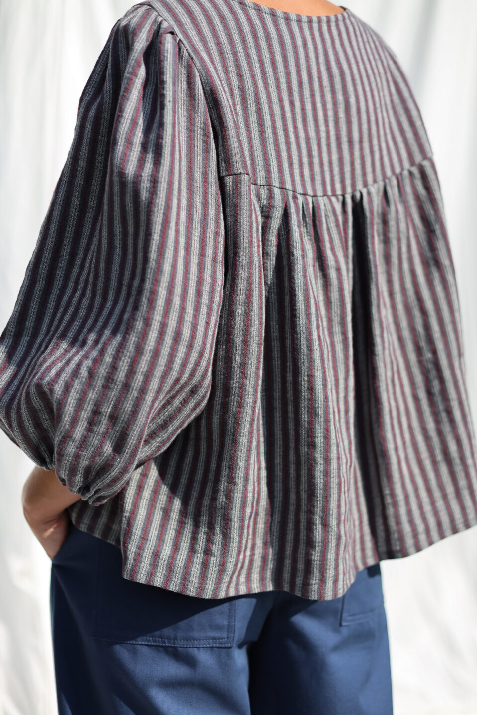 Striped Jacquard Linen Blouse with Puffy Sleeves