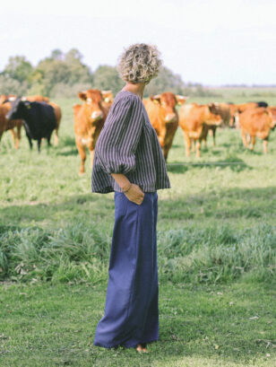 Striped Jacquard Linen Blouse with Puffy Sleeves | Tops | Sustainable clothing | OffOn clothing