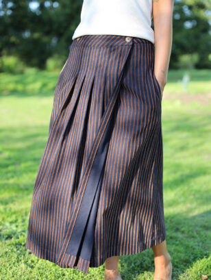 Front pleated wrap skirt in velvety navy blue stripes | Skirt | Sustainable clothing | OffOn clothing