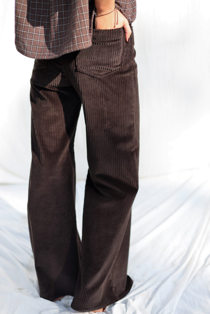 Wide Flared Leg Pants In Dark Brown Corduroy - Image 3