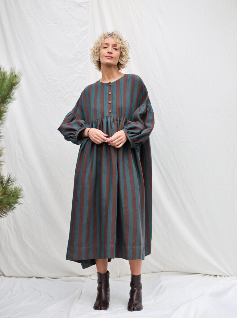 GRETA dress in exclusive brow turquoise striped linen | Dress | Sustainable clothing | OffOn clothing
