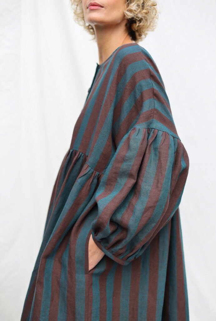 GRETA dress in exclusive brow turquoise striped linen - Image 6