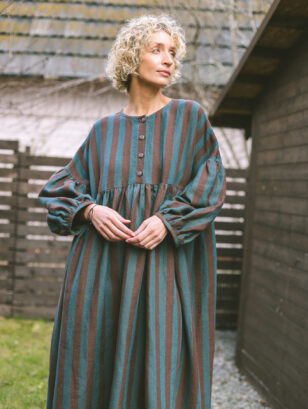 GRETA dress in exclusive brow turquoise striped linen | Dress | Sustainable clothing | OffOn clothing