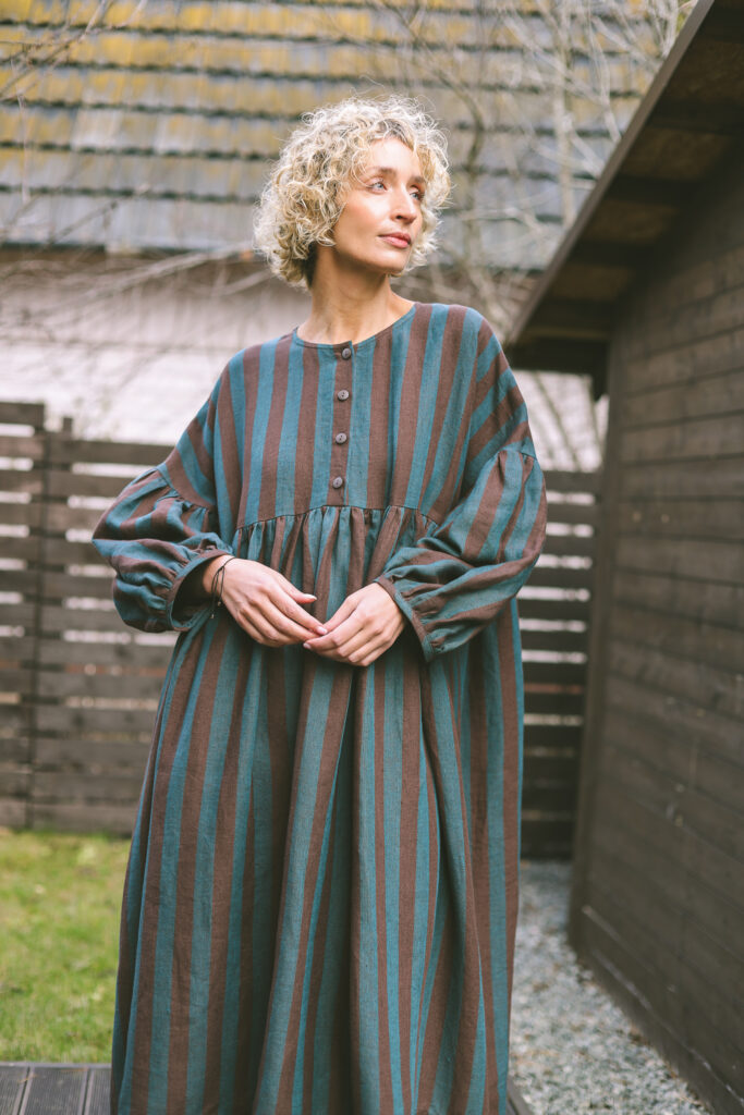 GRETA dress in exclusive brow turquoise striped linen | Dress | Sustainable clothing | OffOn clothing