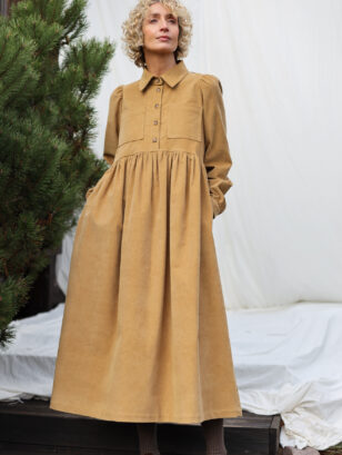 Needlecord Long Puffy Sleeves Dress with Chest Pockets | Dress | Sustainable clothing | OffOn clothing