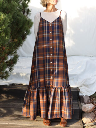 Wool plaid sleeveless tiered dress with adjustable straps and ruffled hem | Dress | Sustainable clothing | OffOn clothing