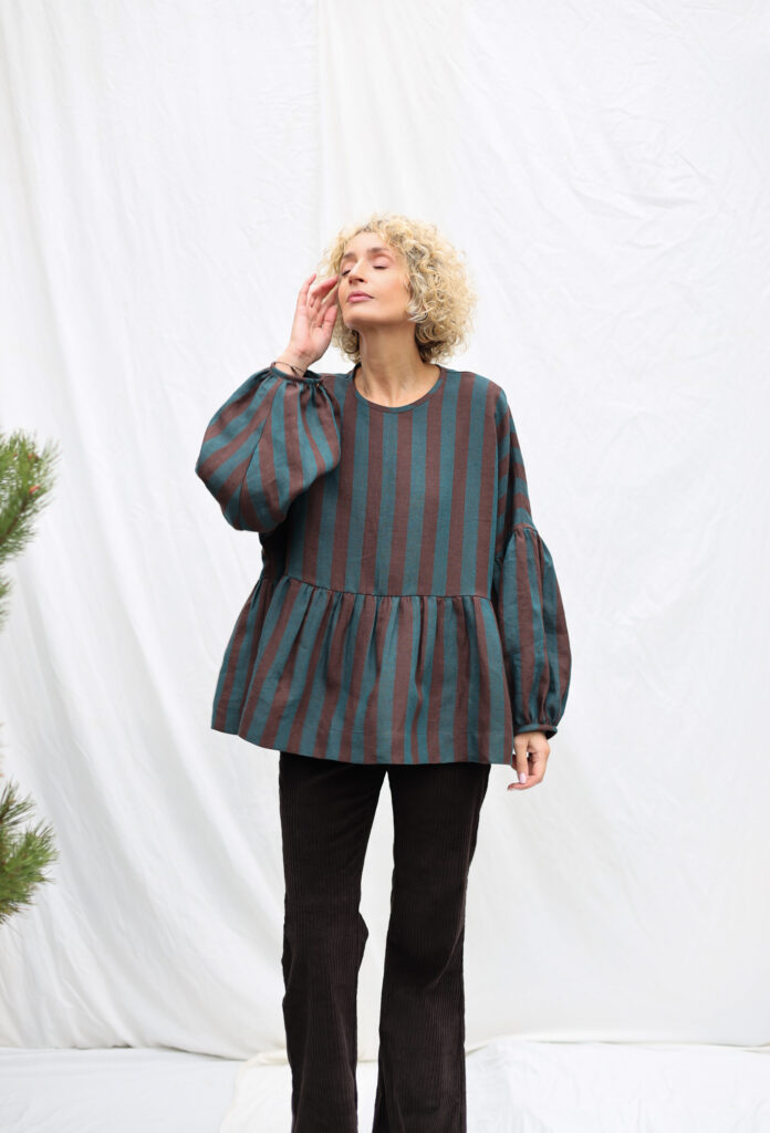 Oversized Dropped Shoulders Stripped Linen Peplum Blouse EVE - Image 5