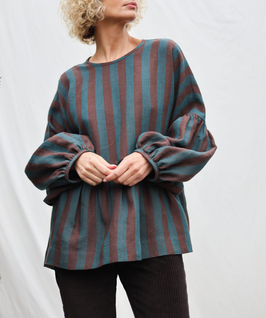 Oversized Dropped Shoulders Stripped Linen Peplum Blouse EVE - Image 3