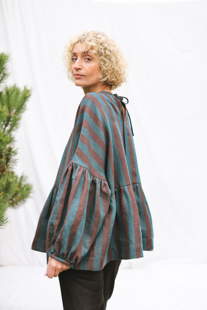Oversized Dropped Shoulders Stripped Linen Peplum Blouse EVE | Blouse | Sustainable clothing | OffOn clothing