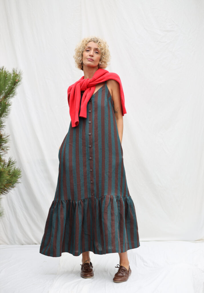 Linen Sleveless Adjustable Strap Dress With Ruffled Hem - Image 1