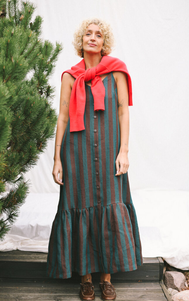 Linen Sleveless Adjustable Strap Dress With Ruffled Hem | Dress | Sustainable clothing | OffOn clothing