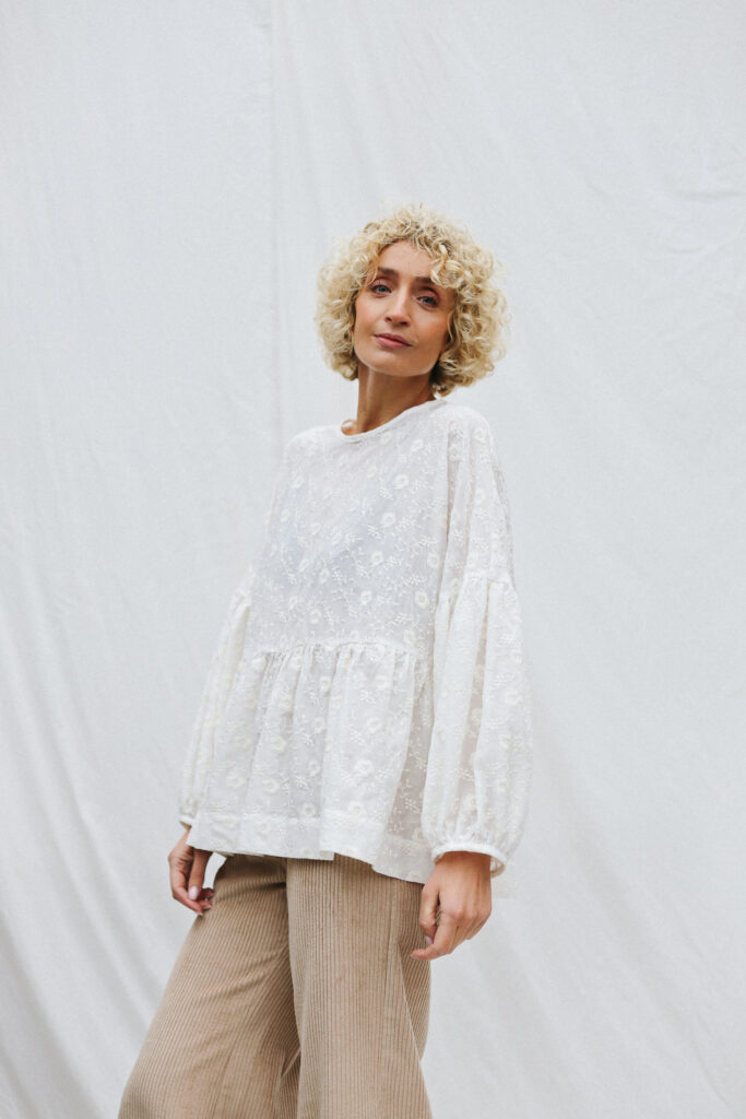 Oversized Dropped Shoulders Embroidery Silk Blouse EVE - Image 6