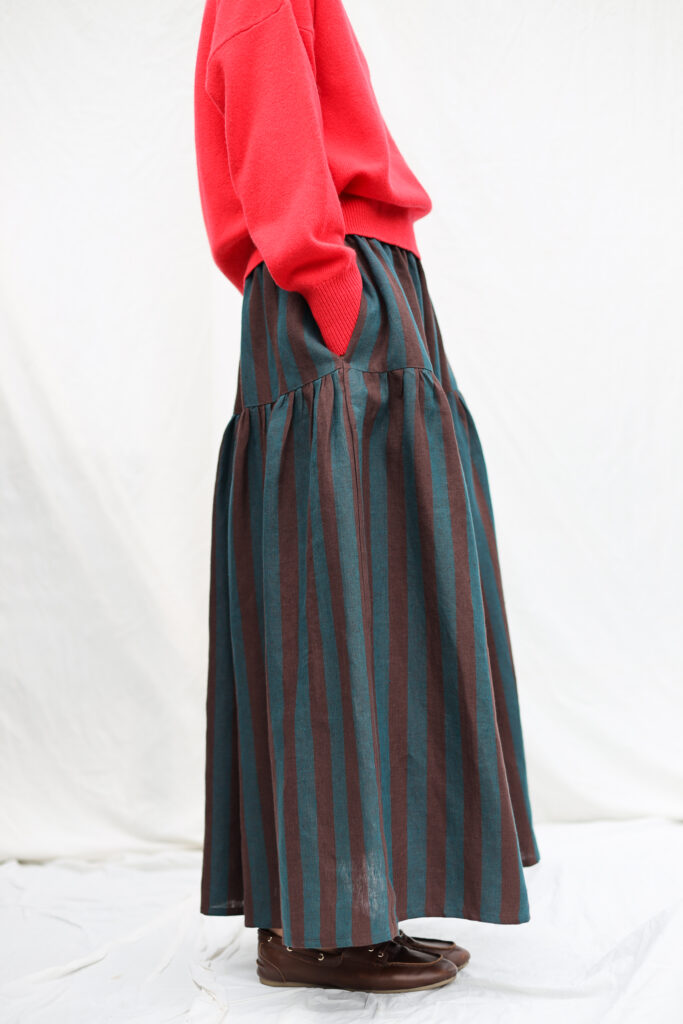 Striped linen elasticated waist long ruffled skirt - Image 1