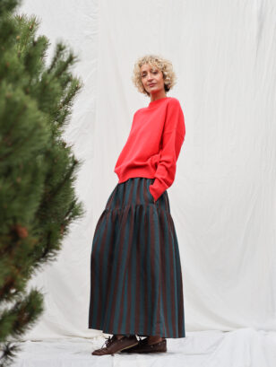 Striped linen elasticated waist long ruffled skirt | Skirt | Sustainable clothing | OffOn clothing