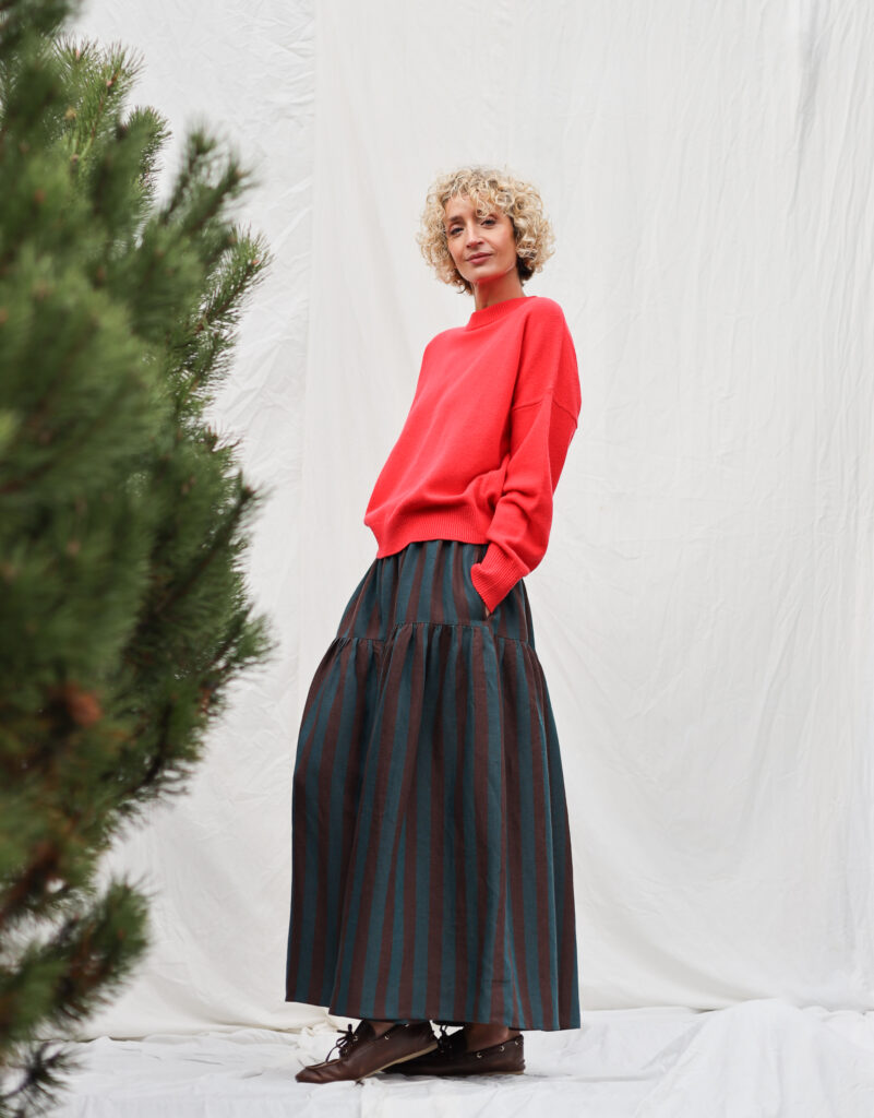 Striped linen elasticated waist long ruffled skirt | Skirt | Sustainable clothing | OffOn clothing
