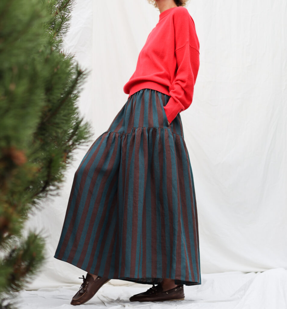 Striped linen elasticated waist long ruffled skirt - Image 5