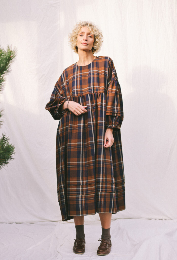 Oversized Plaid Wool Dress with Pleated Details | Dress | Sustainable clothing | OffOn clothing