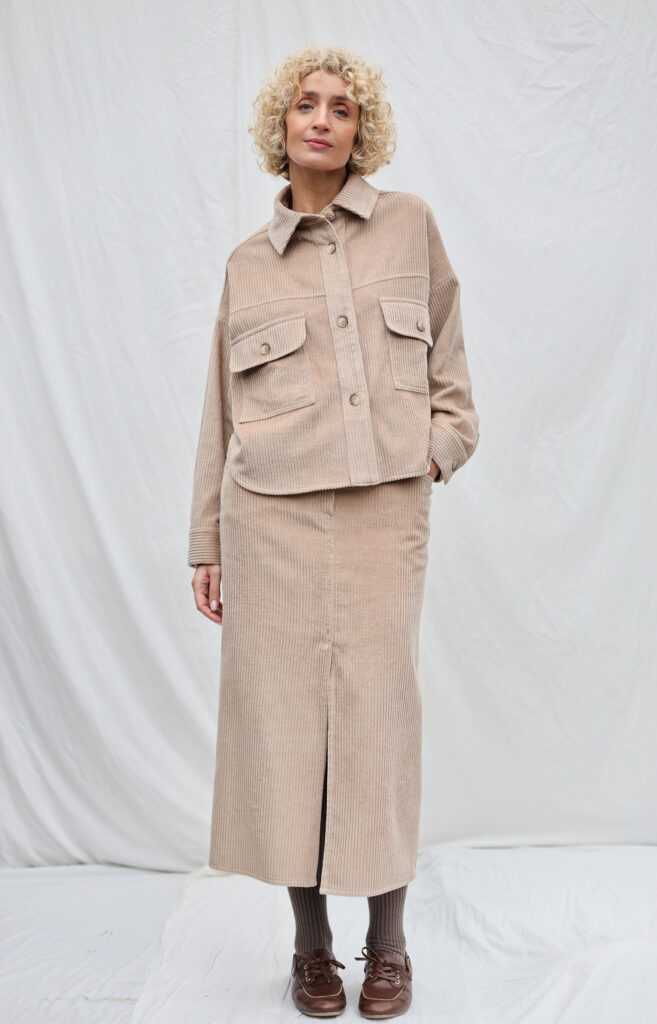Retro Cut Wide Wale Cord Pencil Skirt in Warm Sand - Image 1