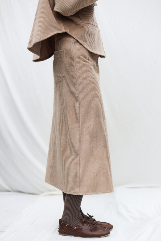 Retro Cut Wide Wale Cord Pencil Skirt in Warm Sand - Image 3